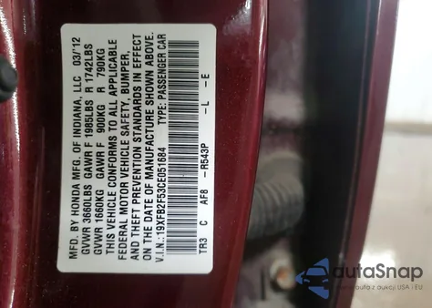 2012 Honda Civic Lx z USA, uszkodzony, nr VIN 19XFB2F53CE051684